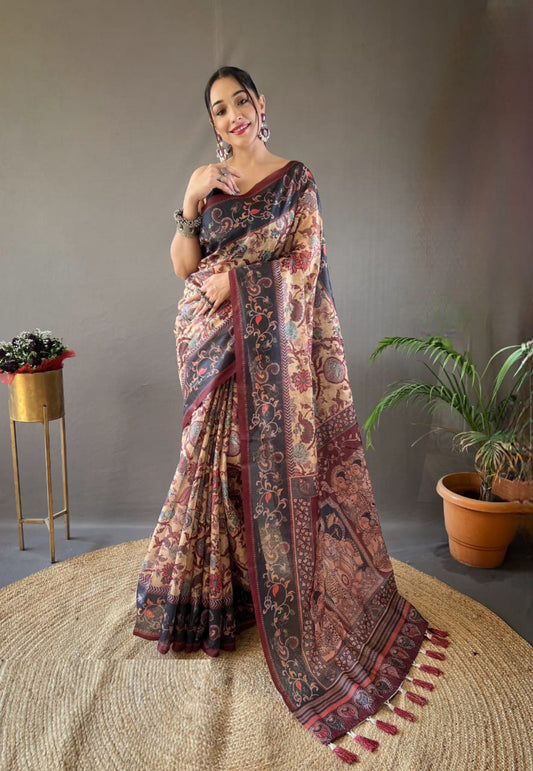 Women Coral And Black Cotton Handloom Saree