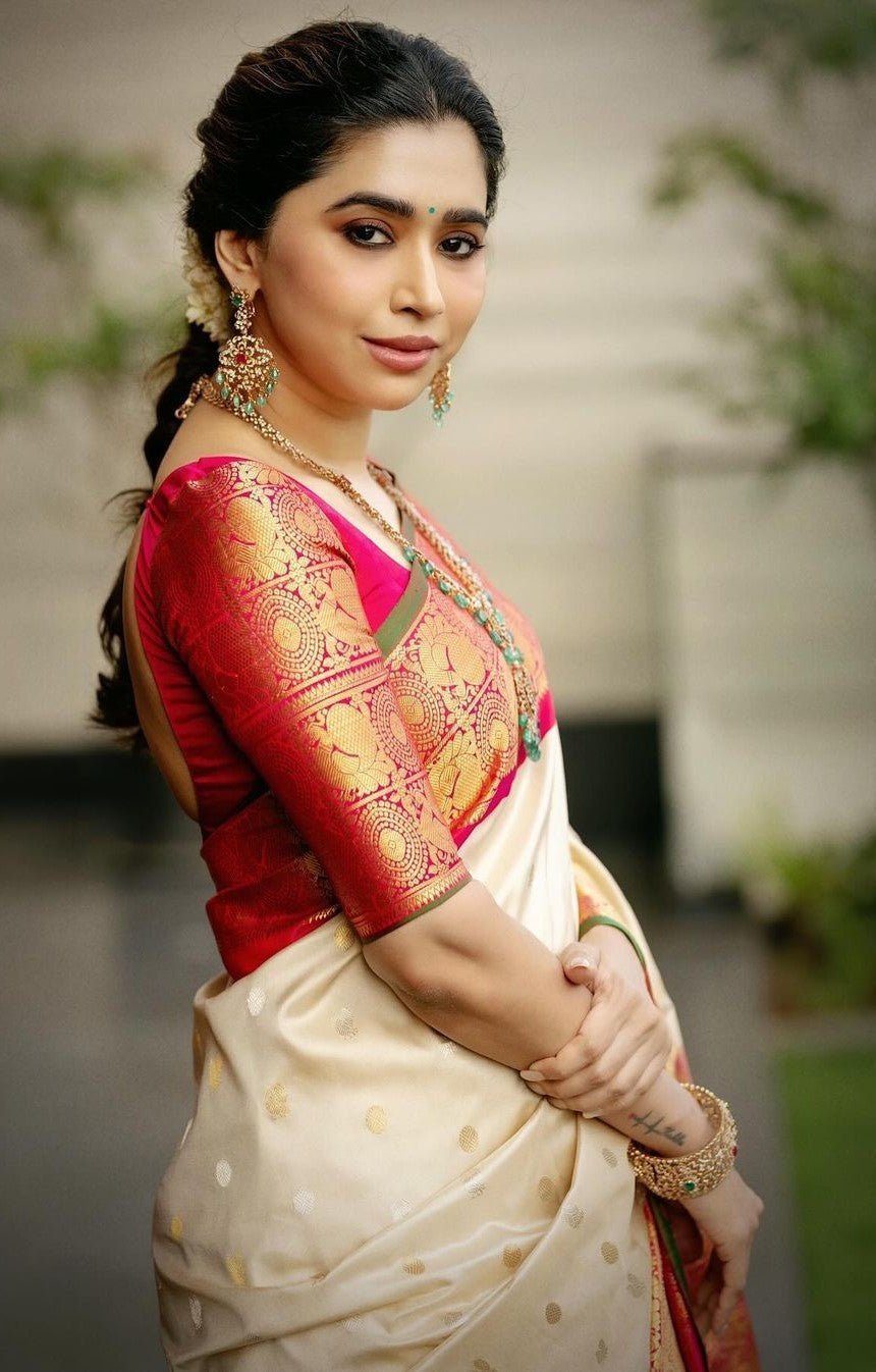 Women Beige And Pink Silk Golden Zari Work Saree