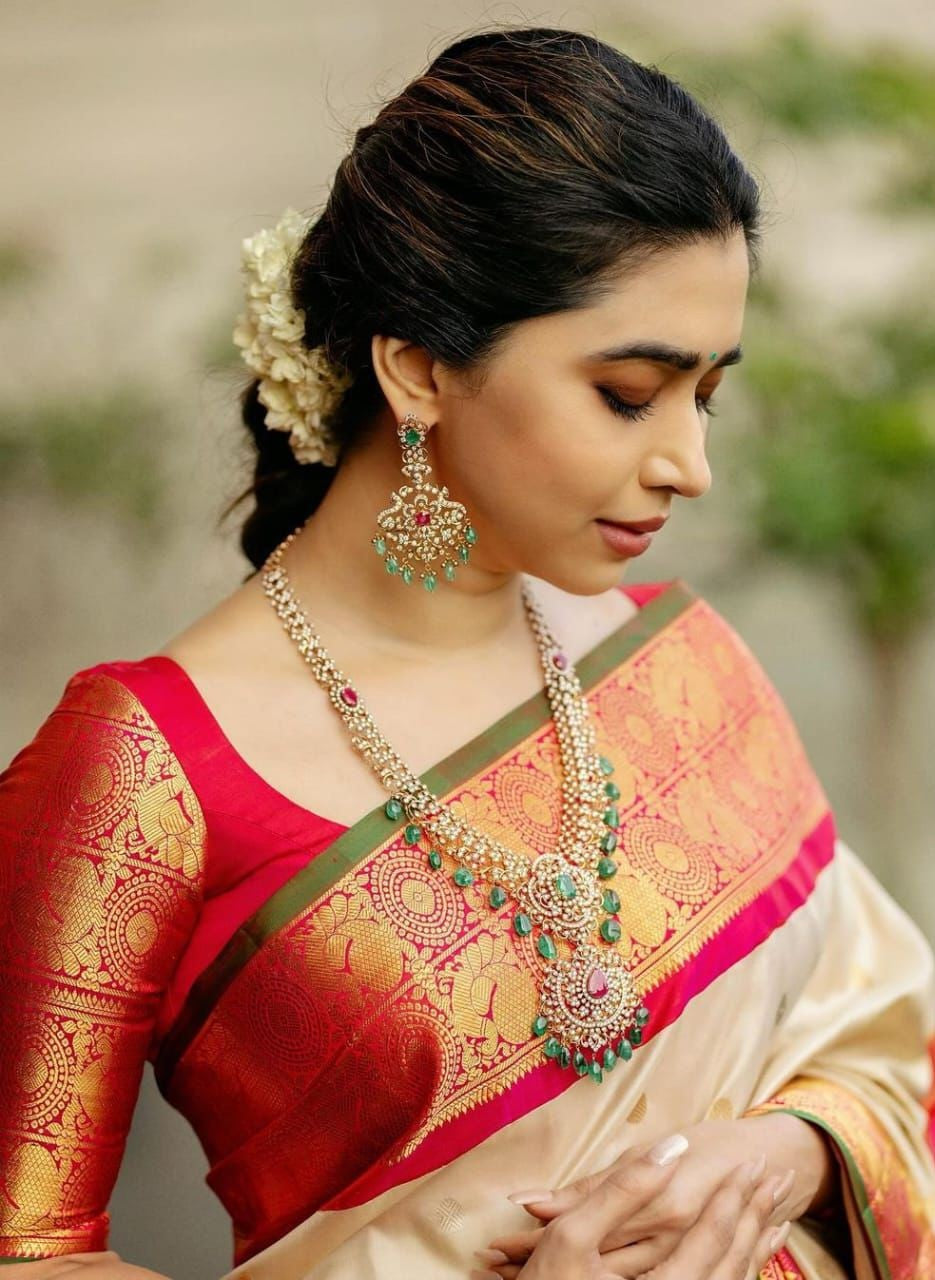 Women Beige And Pink Silk Golden Zari Work Saree