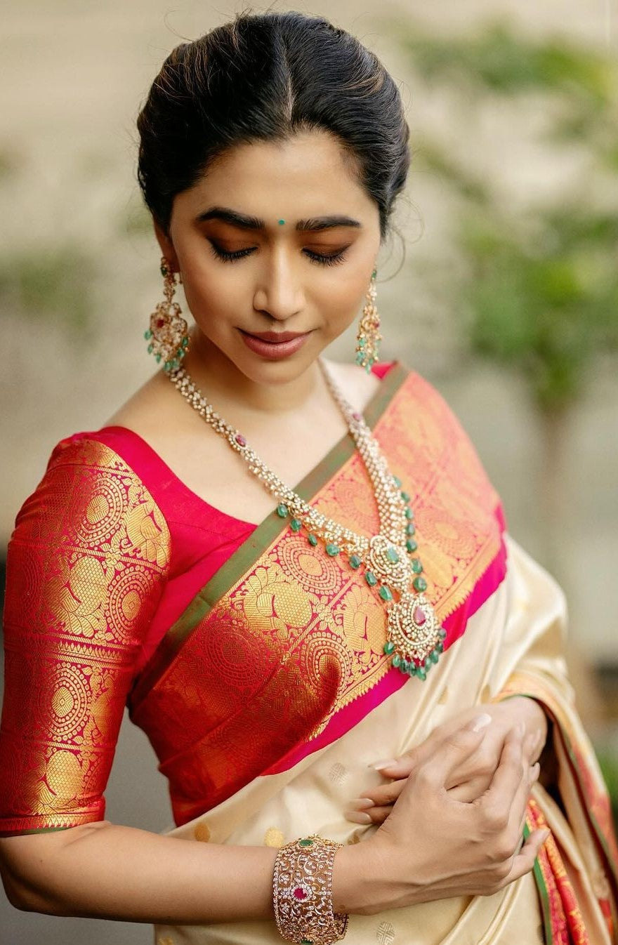 Women Beige And Pink Silk Golden Zari Work Saree