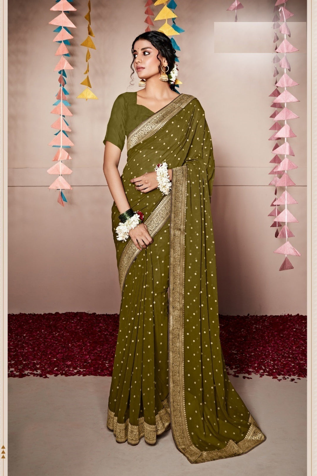 Mehndi Green Georgette Weightless Solid Saree