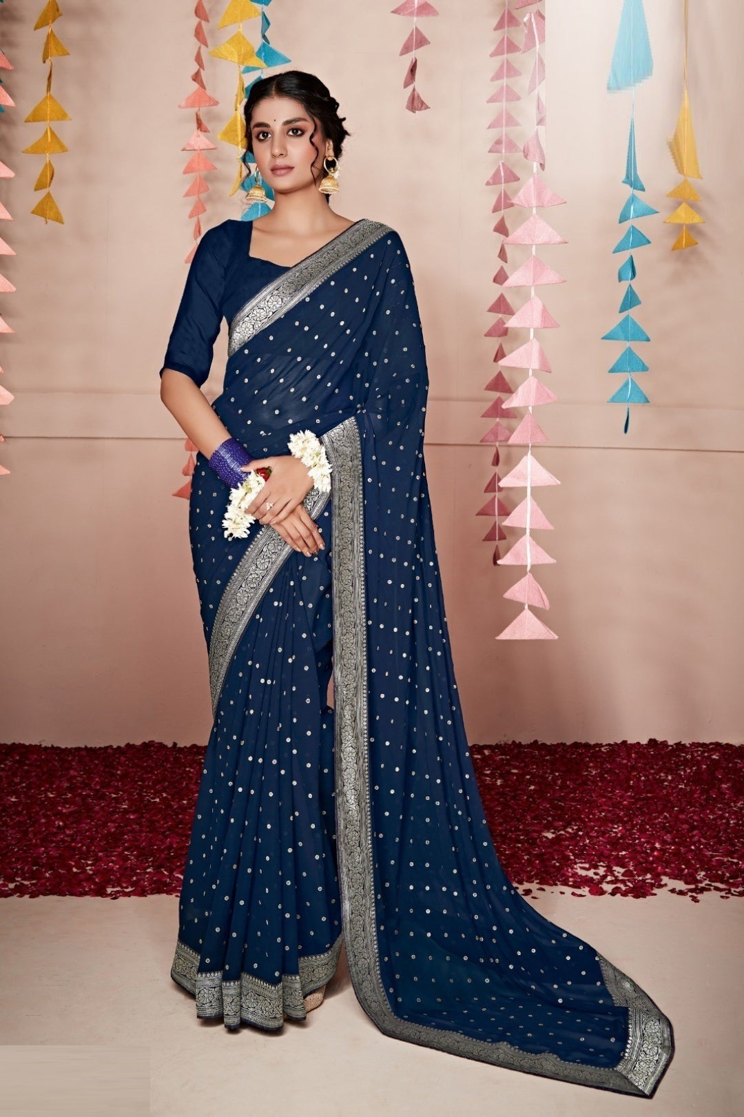 Designer Navy Blue Georgette Weightless Solid Saree