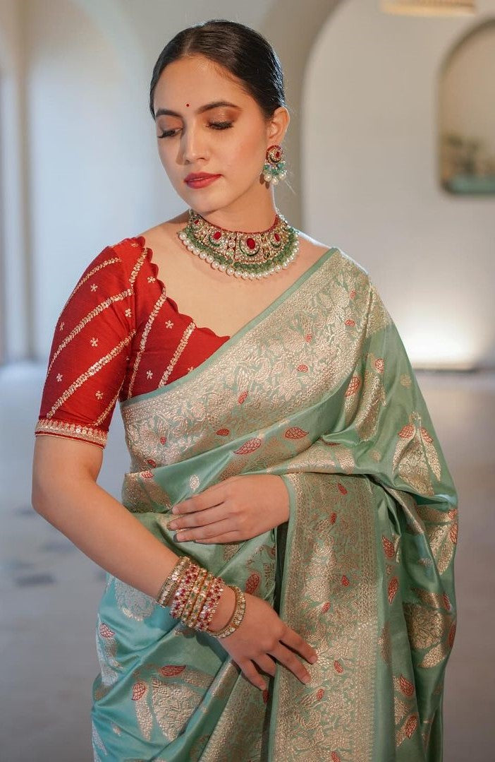 Women Sea Green And Red Silk Banarasi  Saree