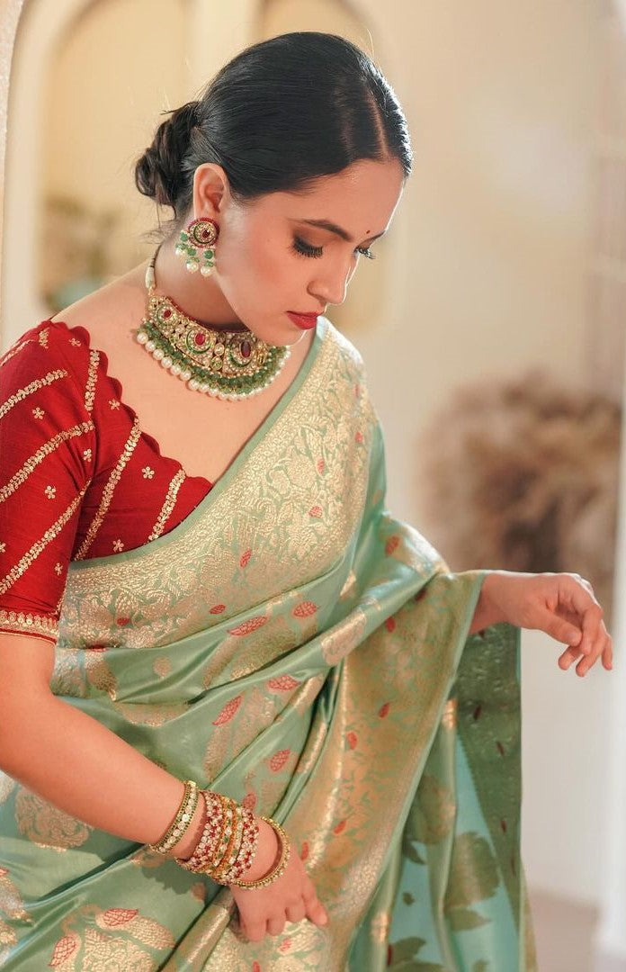 Women Sea Green And Red Silk Banarasi  Saree