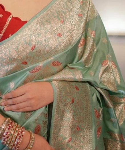 Women Sea Green And Red Silk Banarasi  Saree