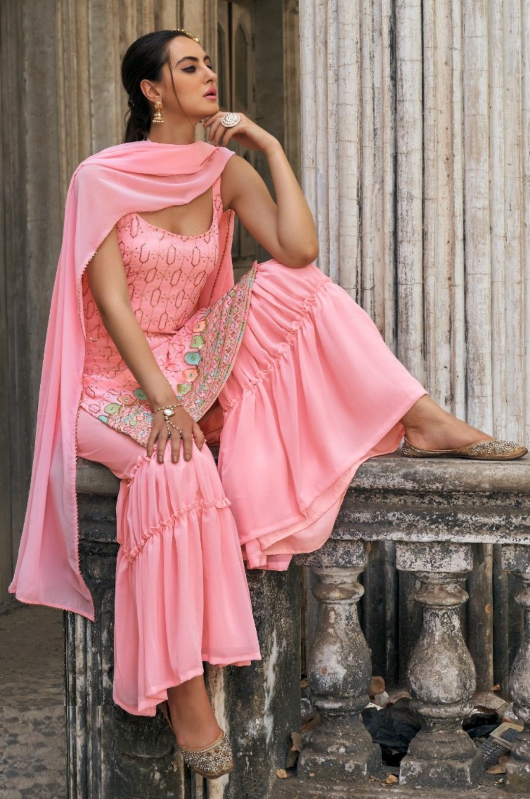 Radiant Light Pink Faux Georgette Sharara Suit Set
