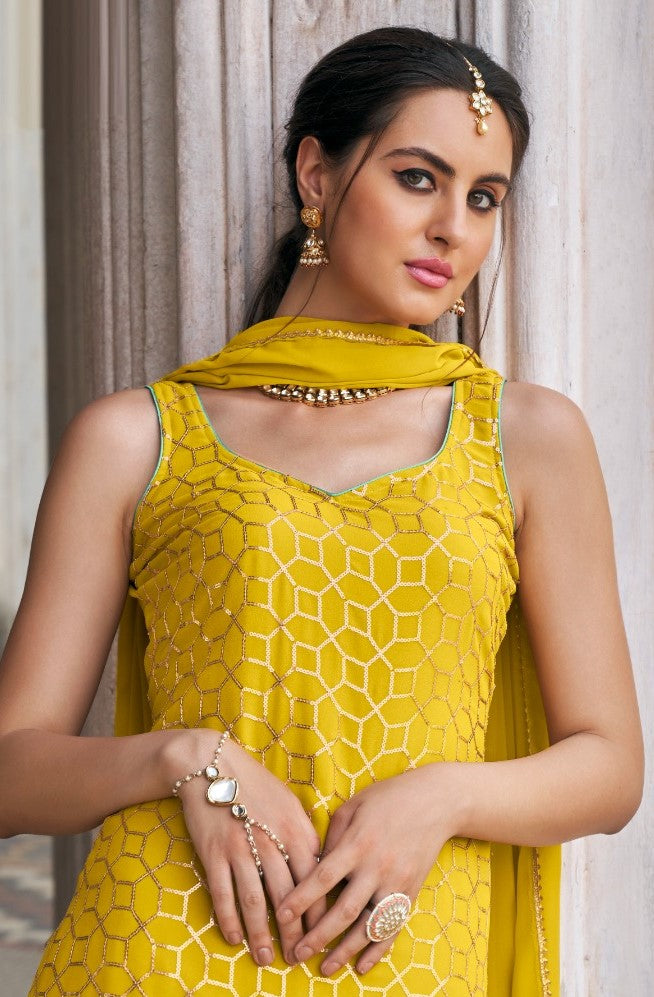 Sculpted Mustard Faux Georgette Sharara Suit Set