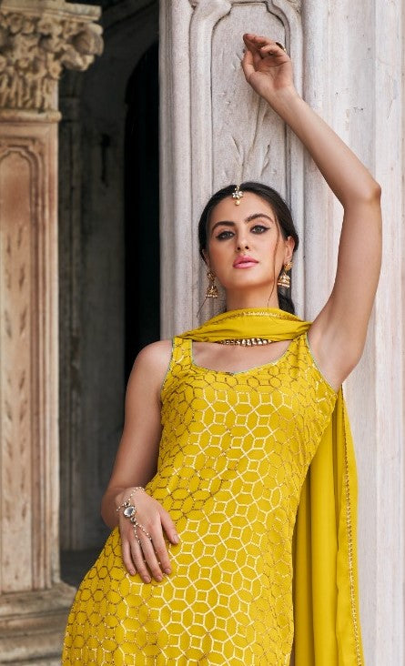 Sculpted Mustard Faux Georgette Sharara Suit Set