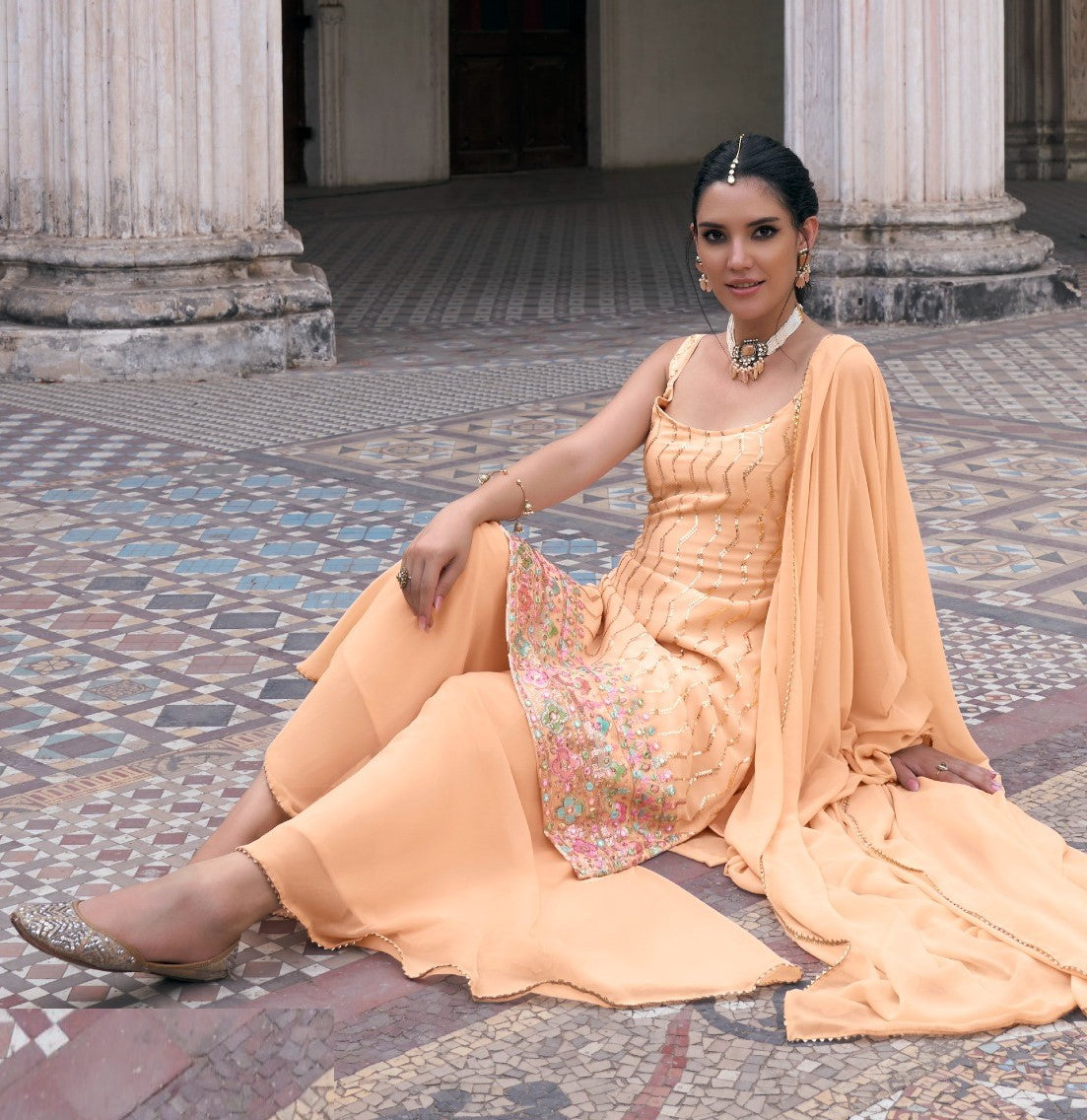 Sublime Peach Faux Georgette Sharara Suit Set