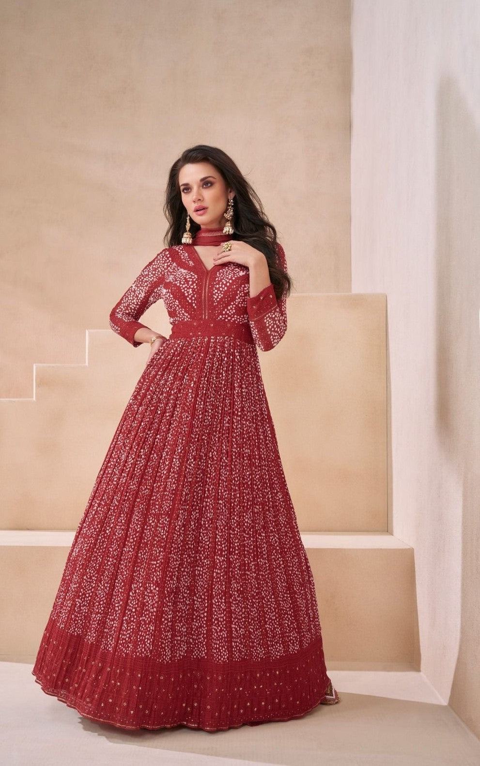 Designer Maroon Georgette Gown With Dupatta