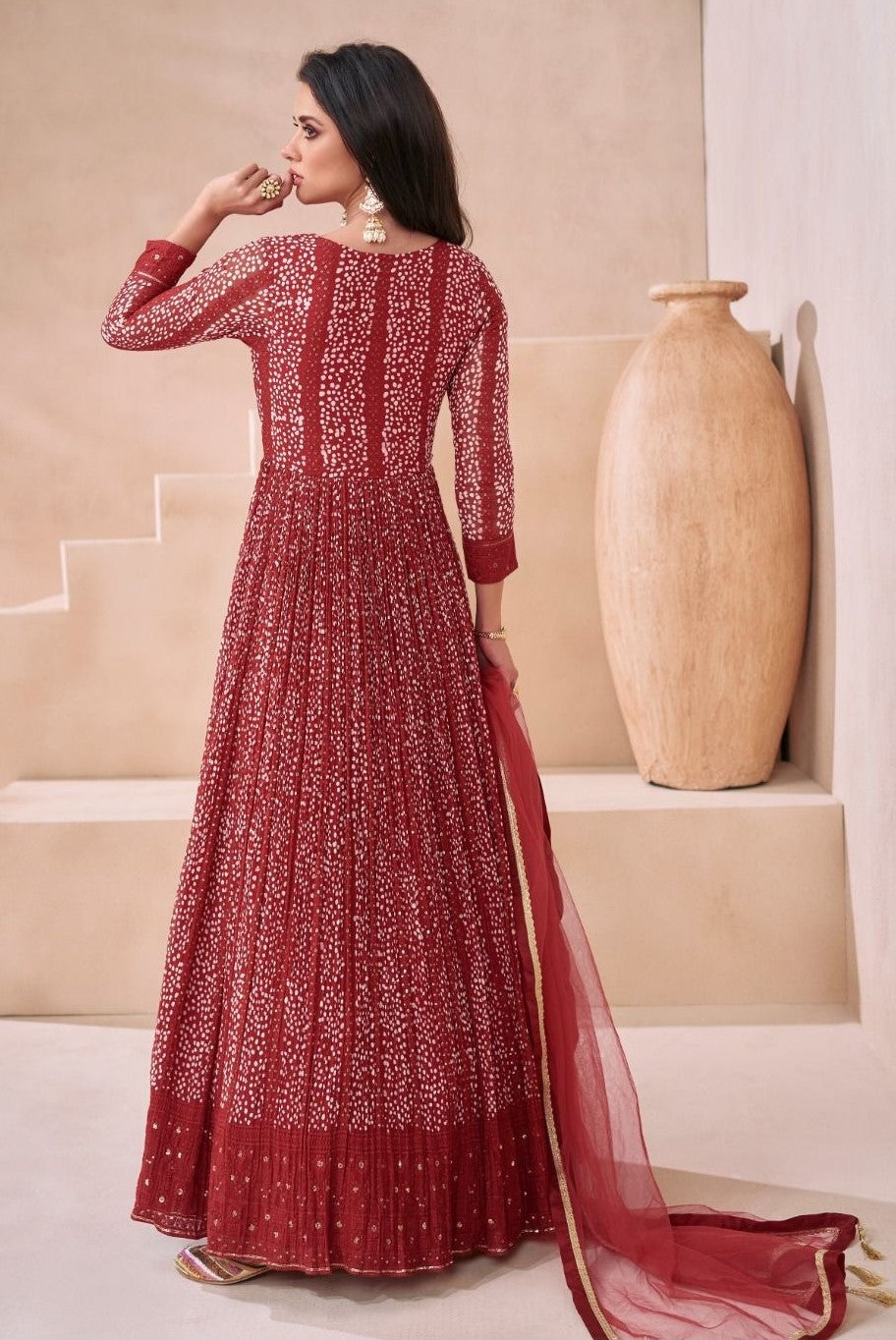 Designer Maroon Georgette Gown With Dupatta