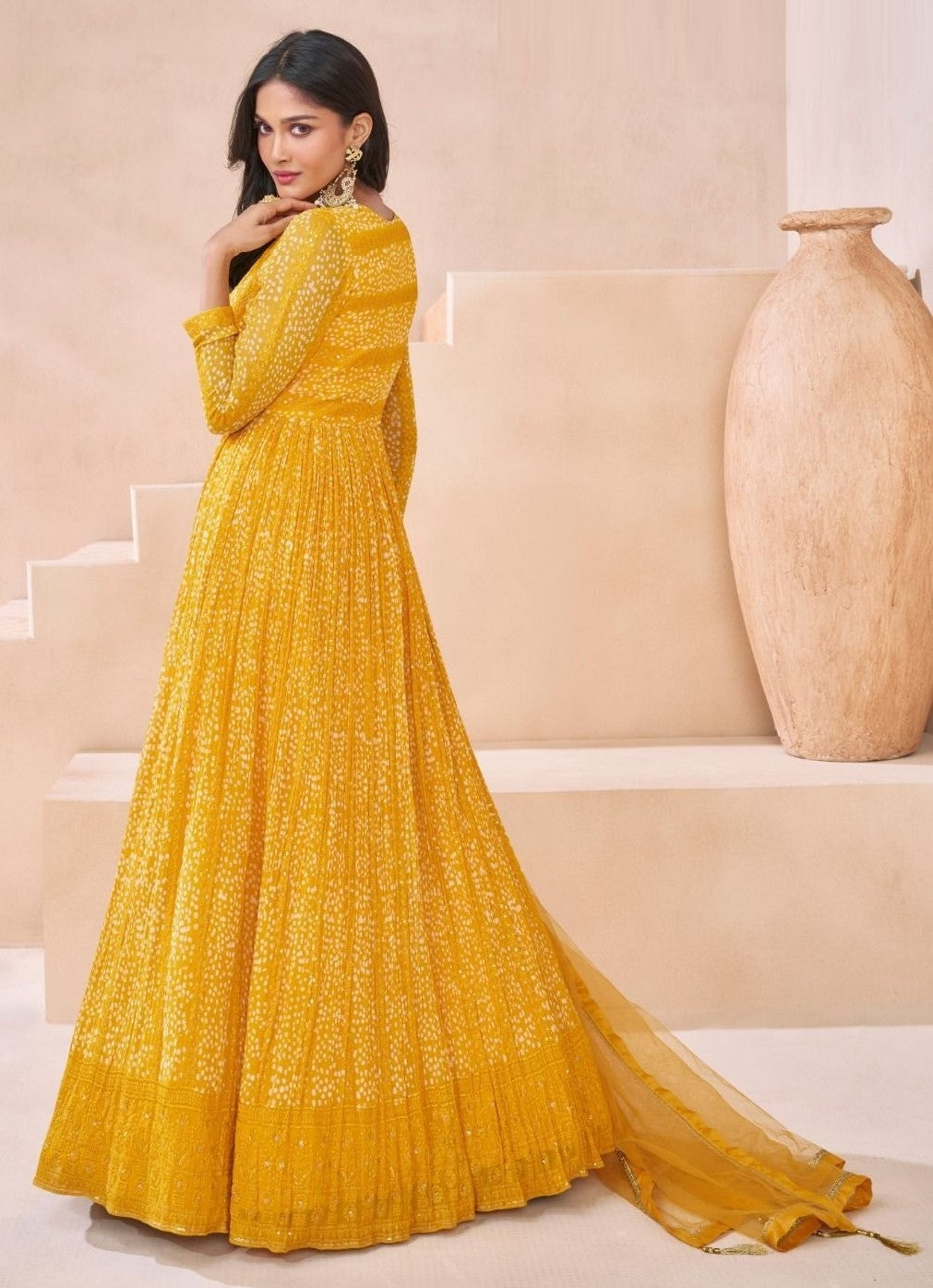 Mustard Georgette Gown With Dupatta