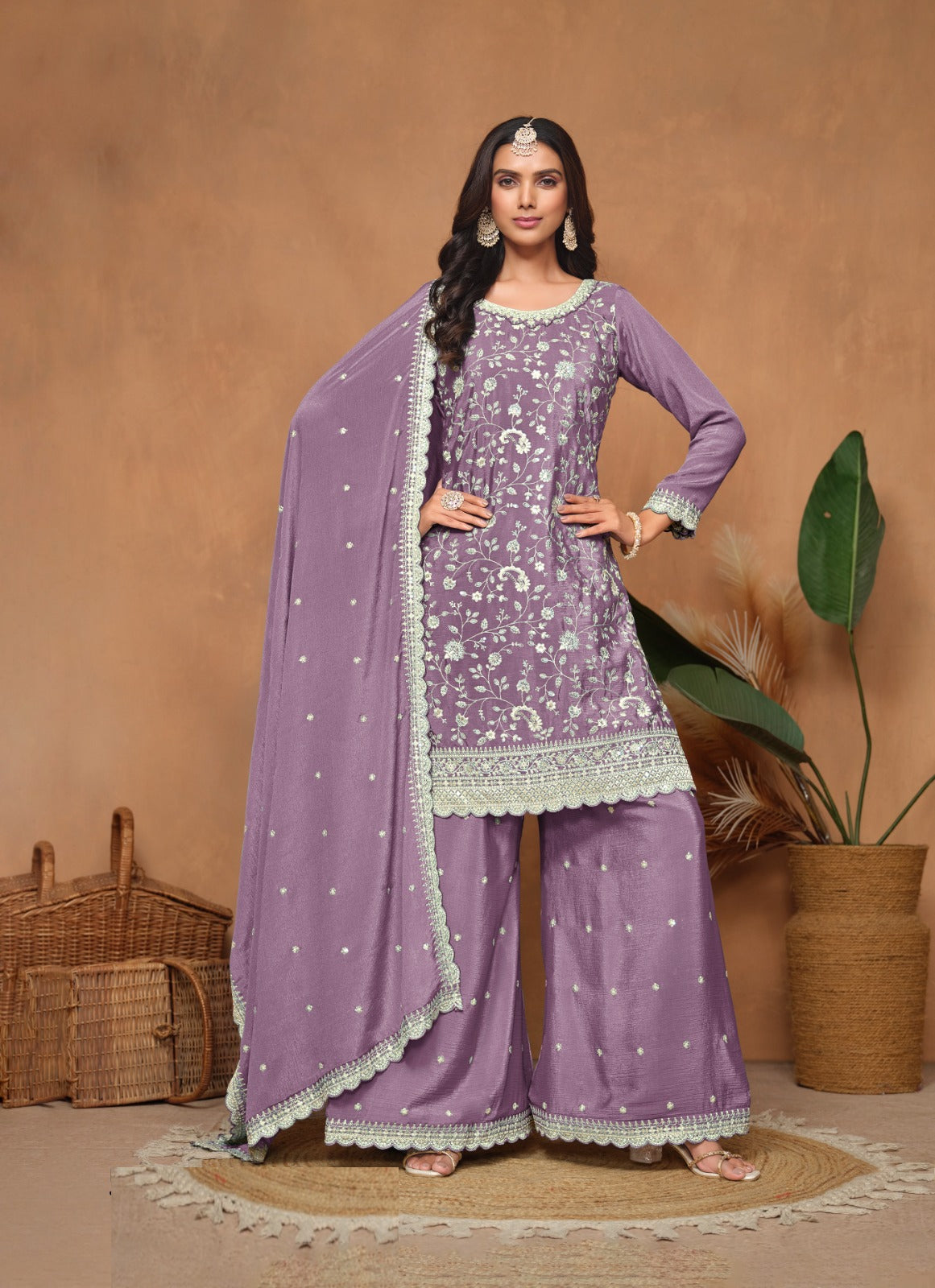 Sophisticated Violet Chinon Palazzo Suit Set