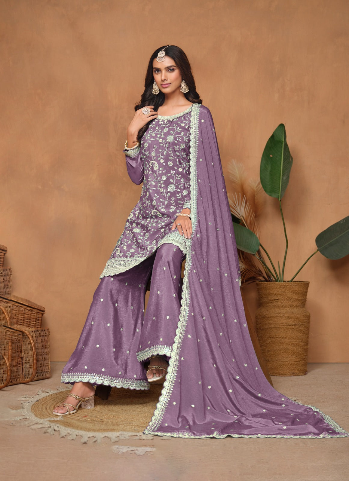 Sophisticated Violet Chinon Palazzo Suit Set
