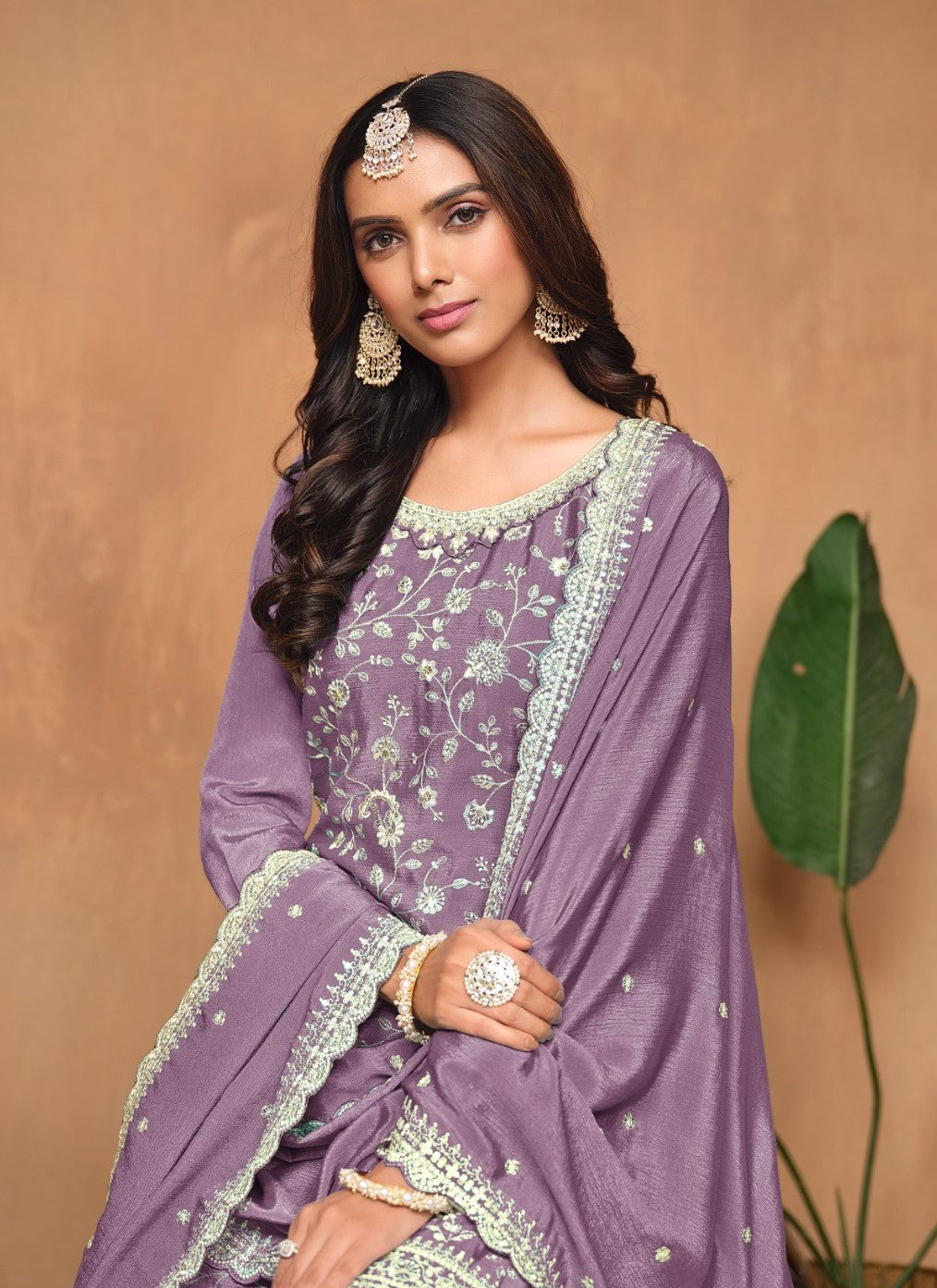 Sophisticated Violet Chinon Palazzo Suit Set