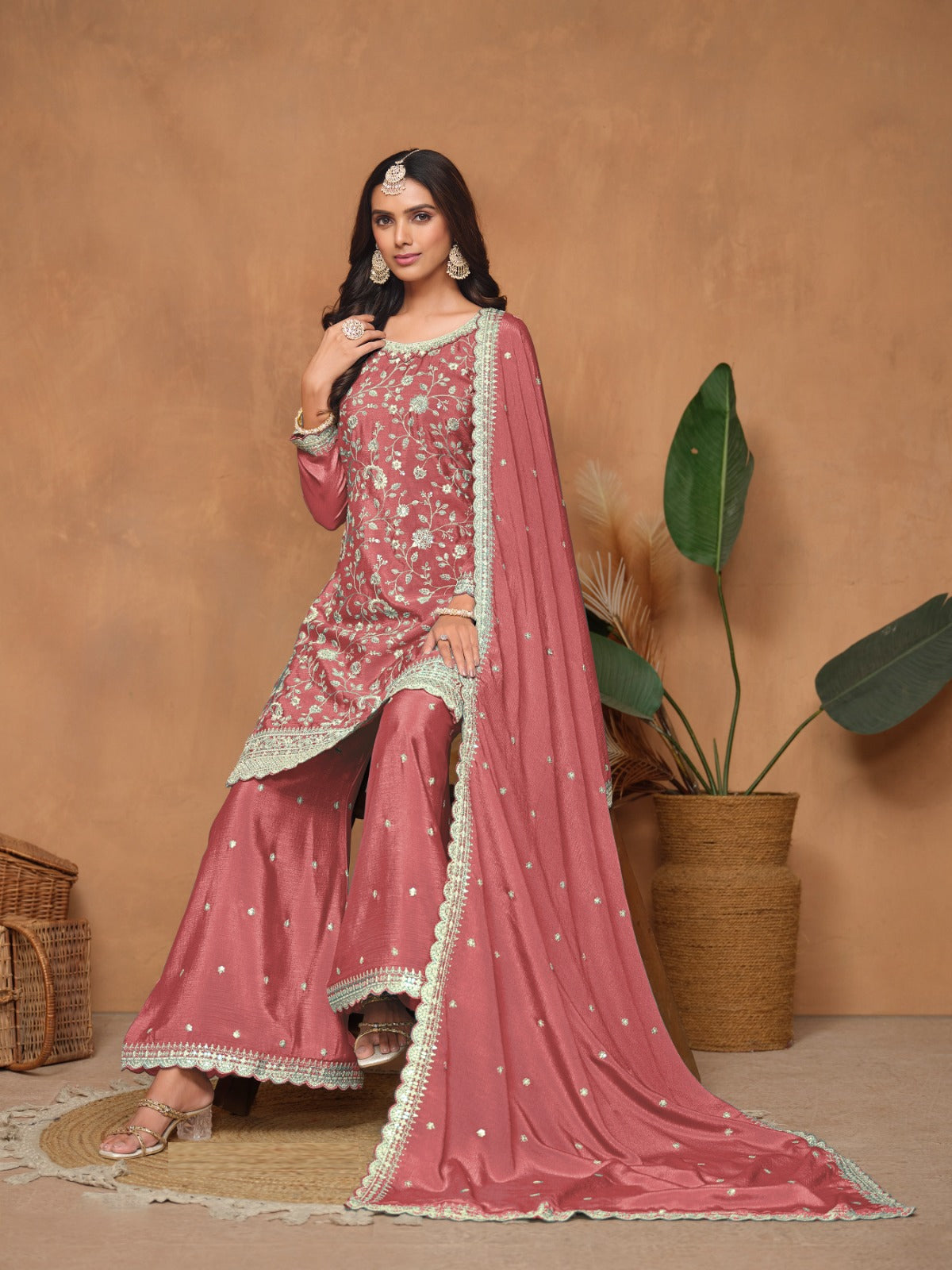 Fantastic Coral Chinon Palazzo Suit Set