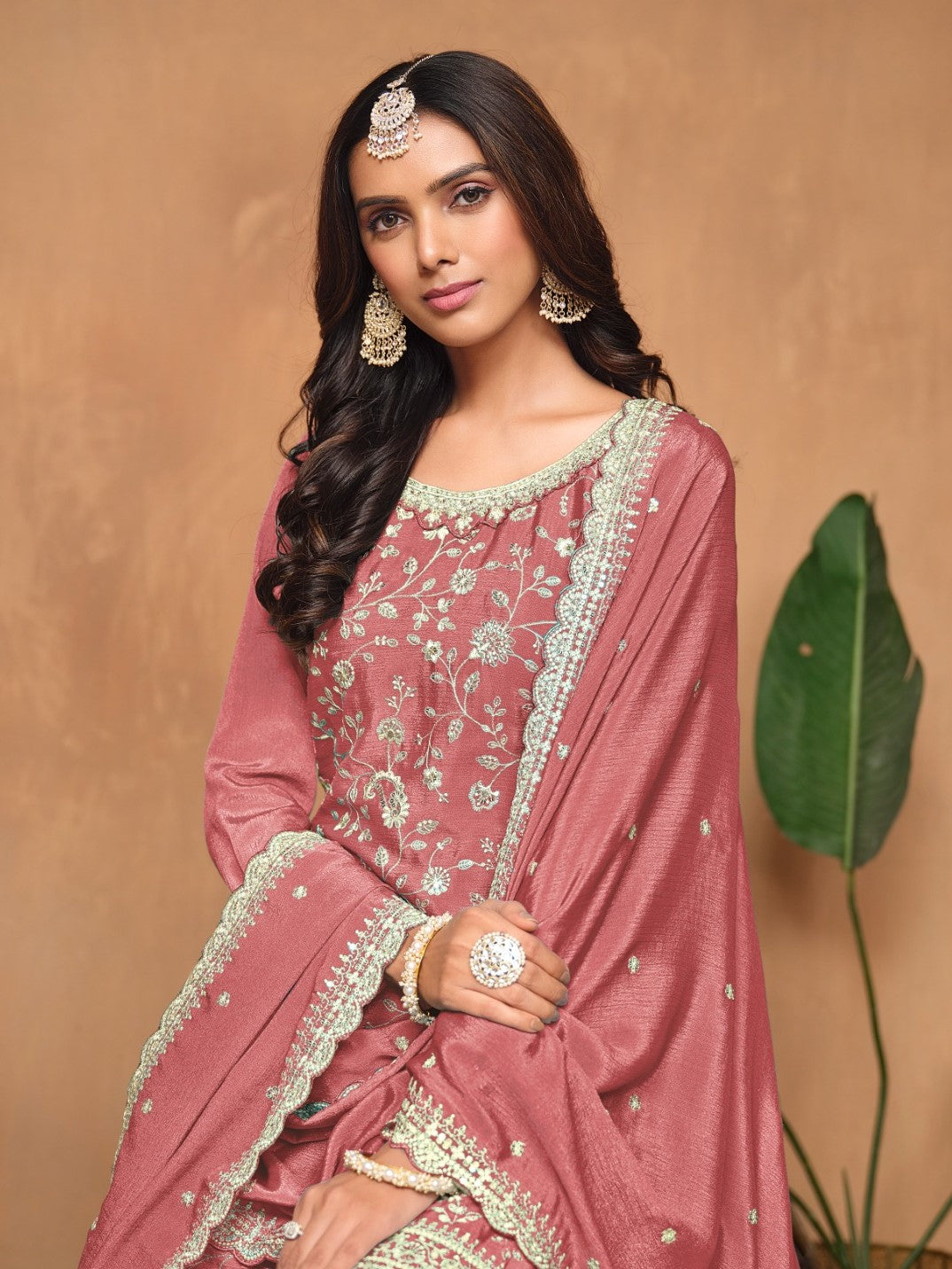 Fantastic Coral Chinon Palazzo Suit Set