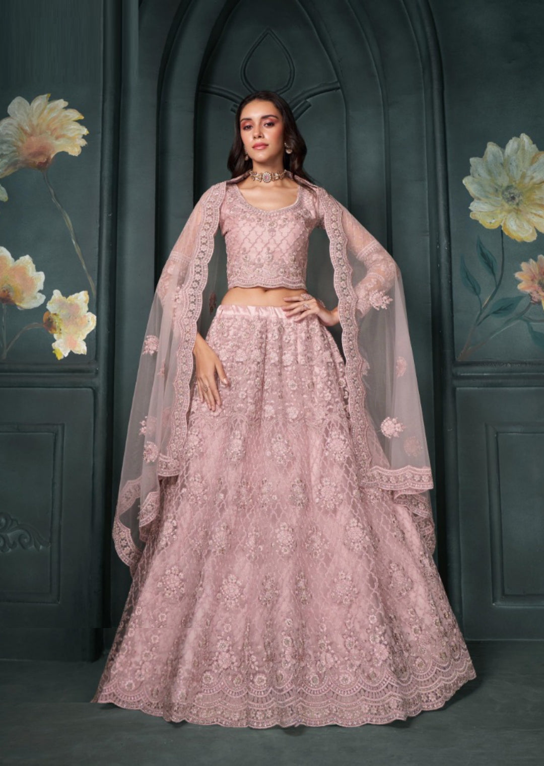 Sumptuous Baby Pink Net With Embroidery Work Bridal Lehenga