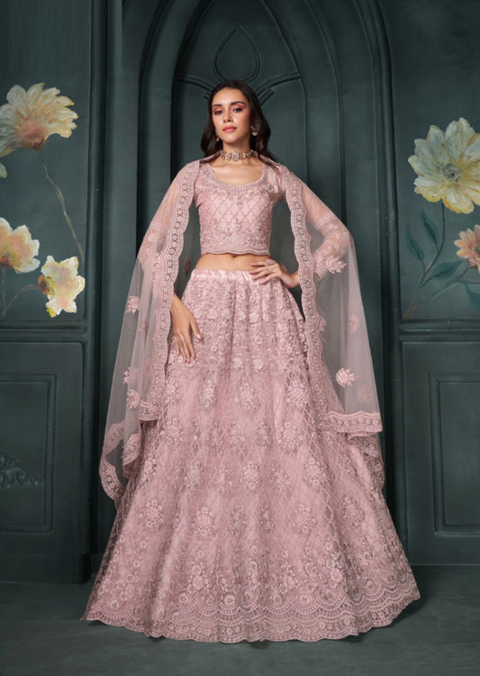 Sumptuous Baby Pink Net With Embroidery Work Bridal Lehenga