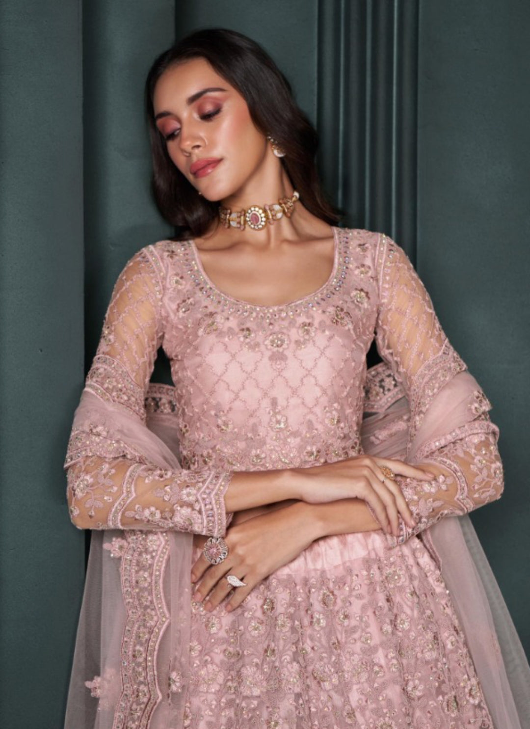 Sumptuous Baby Pink Net With Embroidery Work Bridal Lehenga
