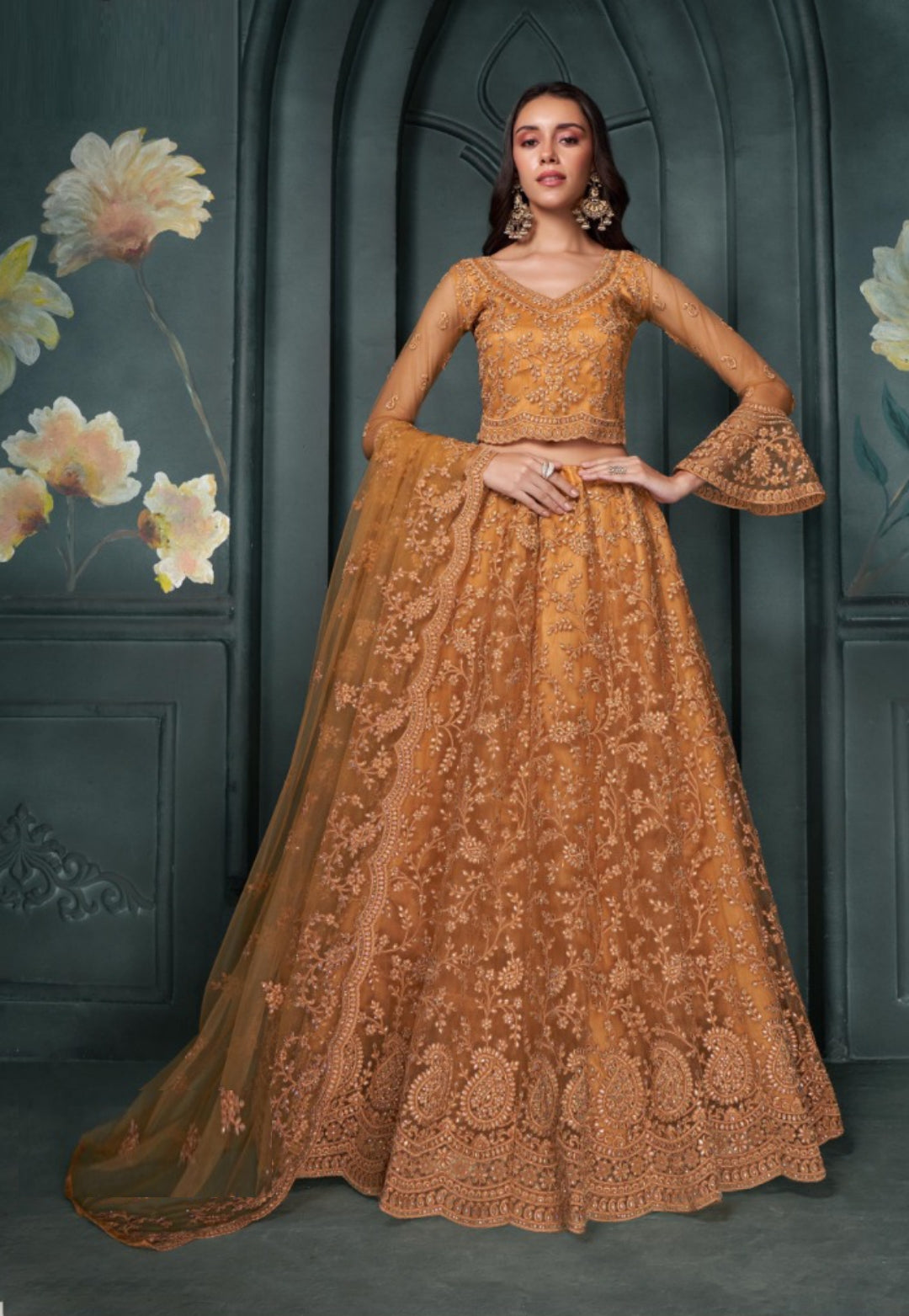 Statement-Making Rust Net With Embroidery Work Bridal Lehenga