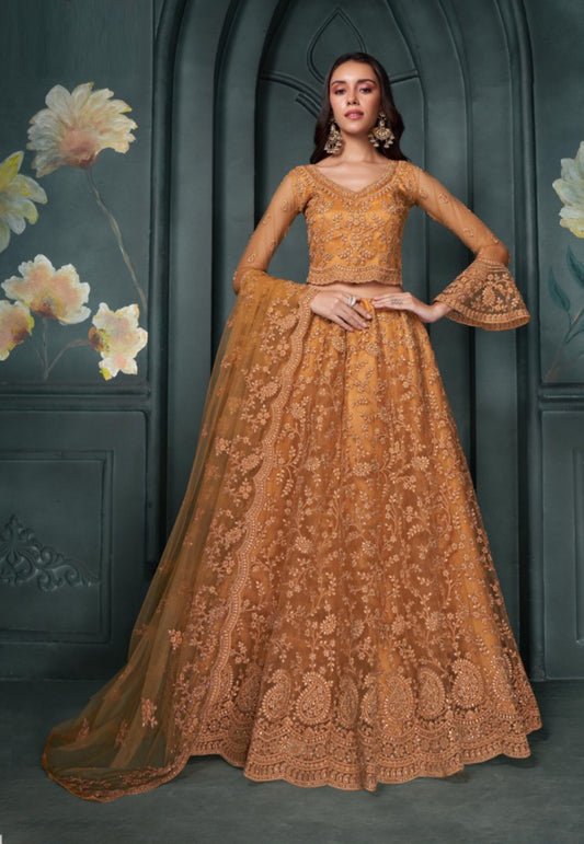 Statement-Making Rust Net With Embroidery Work Bridal Lehenga
