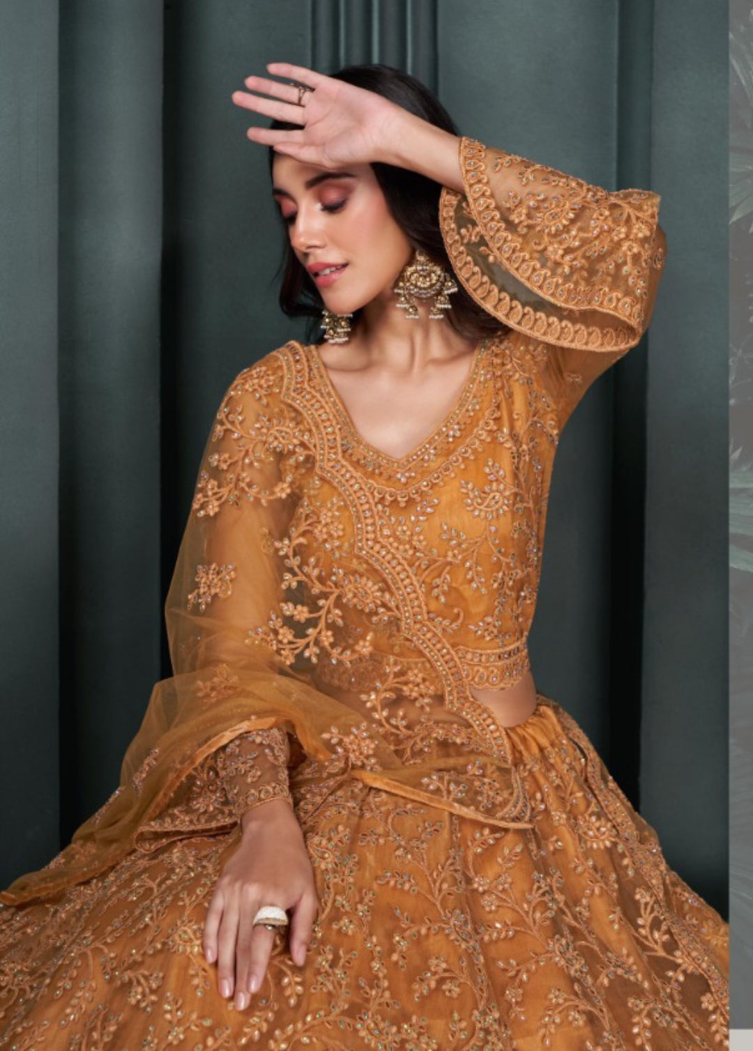 Statement-Making Rust Net With Embroidery Work Bridal Lehenga