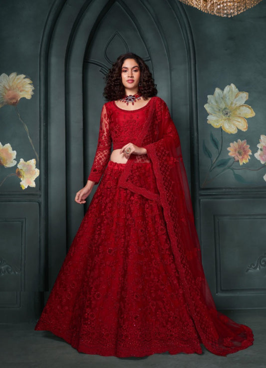 Couture Dark Red Net With Embroidery Work Bridal Lehenga