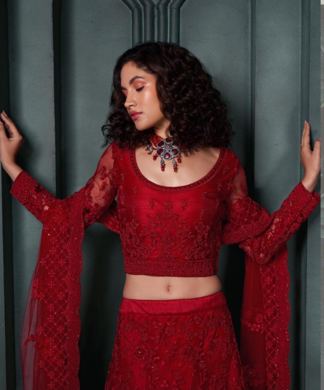 Couture Dark Red Net With Embroidery Work Bridal Lehenga