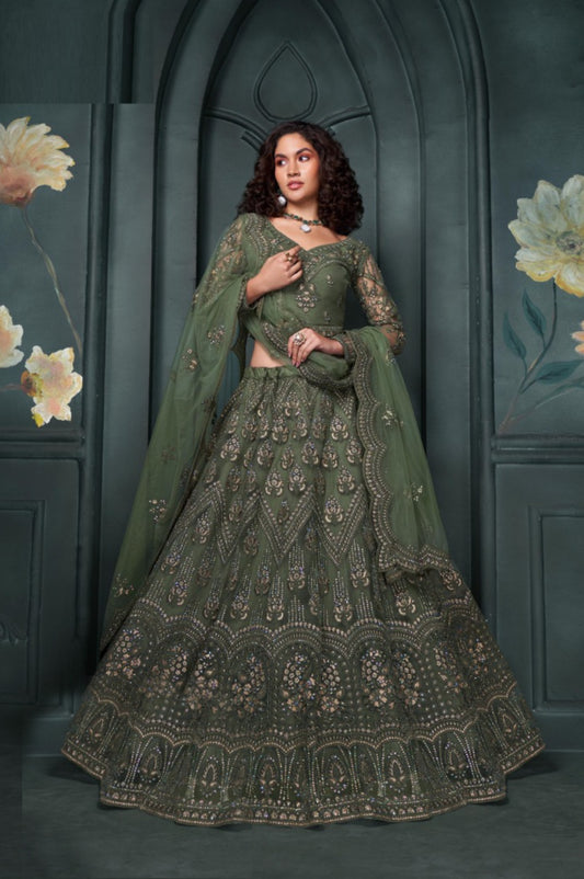 Tailored-To-Perfection Rama Green Net With Embroidery Work Bridal Lehenga