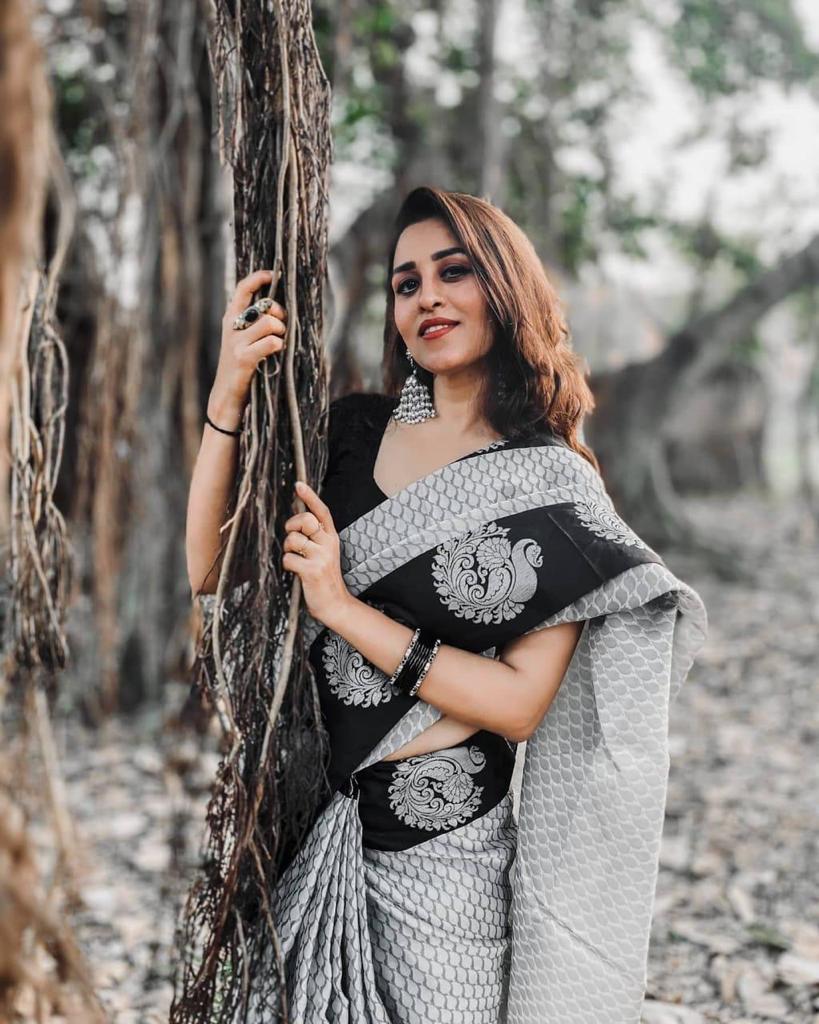 Women Black And White Banarasi Soft Silk Saree