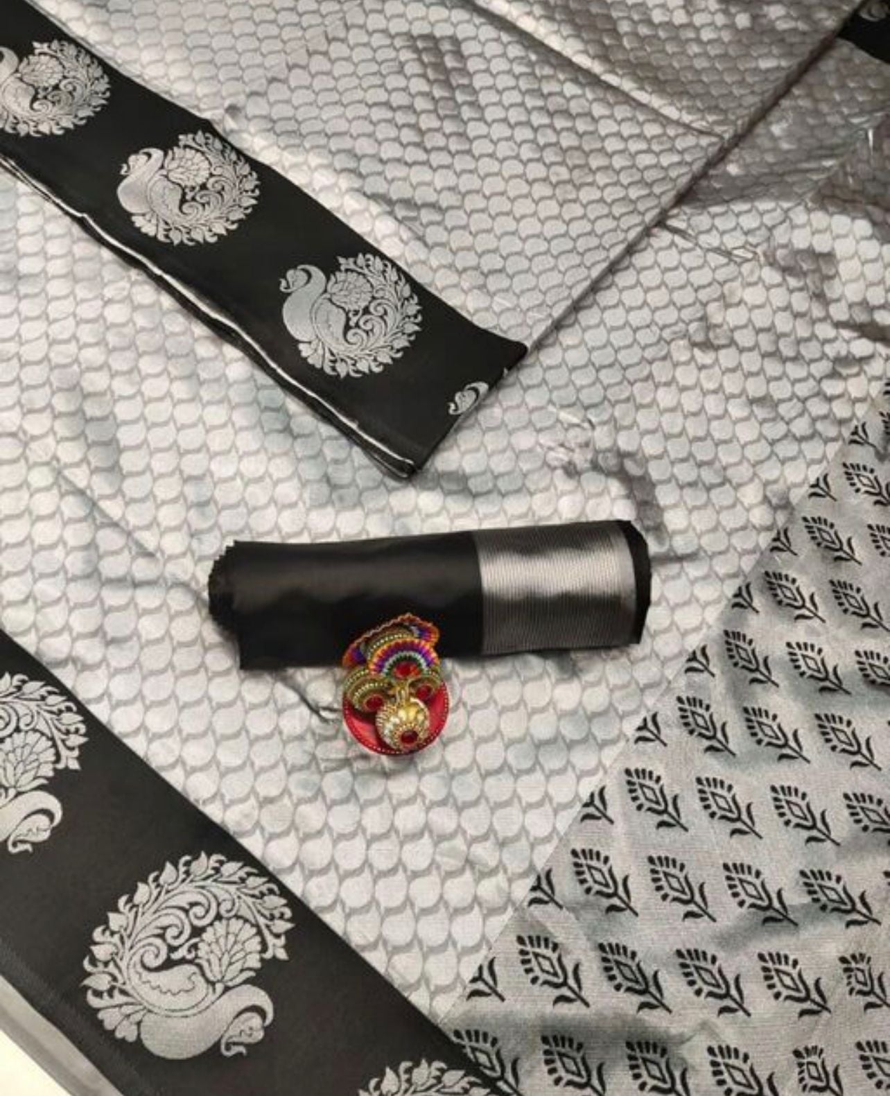 Women Black And White Banarasi Soft Silk Saree