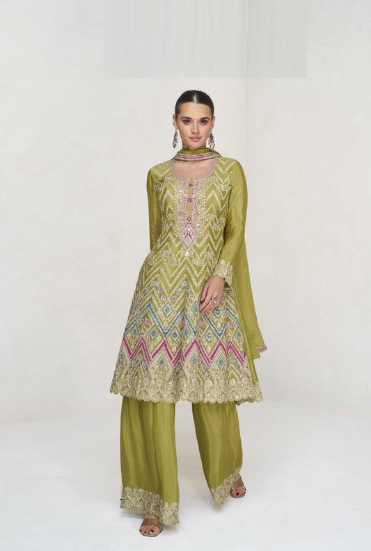 Sculpted Mehendi Green Chinon Silk Palazzo-Bottom Suit Set