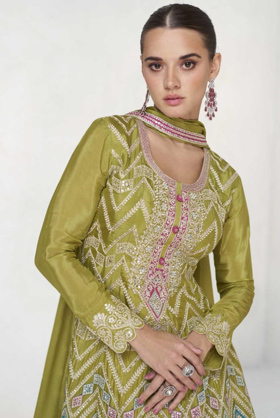 Sculpted Mehendi Green Chinon Silk Palazzo-Bottom Suit Set