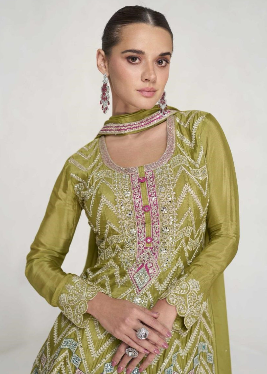 Sculpted Mehendi Green Chinon Silk Palazzo-Bottom Suit Set