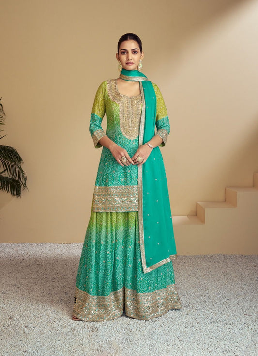 Women Green And Teal Chinon Embroidery Mirror And Zarkan Work Sharara Bottom Suit Set