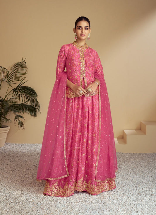 Women Pink Chinon Embroidery Mirror And Zarkan Work Sharara Bottom Suit Set