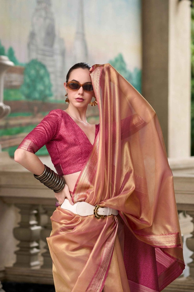 Stunnig Magenta Double Shade Tissue Saree