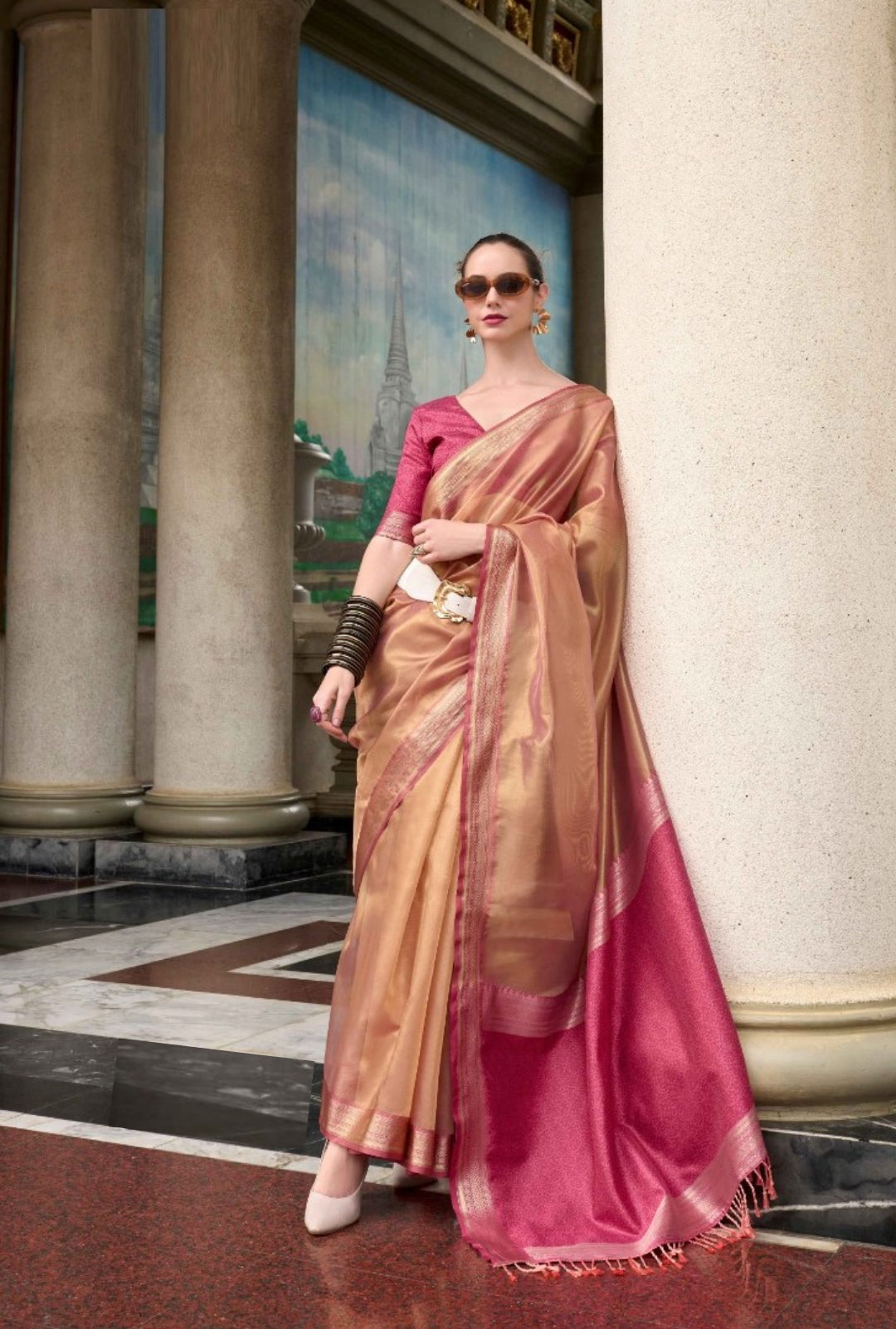 Stunnig Magenta Double Shade Tissue Saree