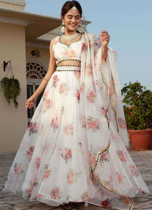 Women White Organza Stylish Lehenga