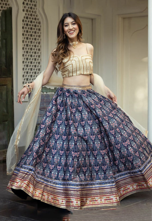 Women Beige And Navy Blue Art Silk Stylish Lehenga