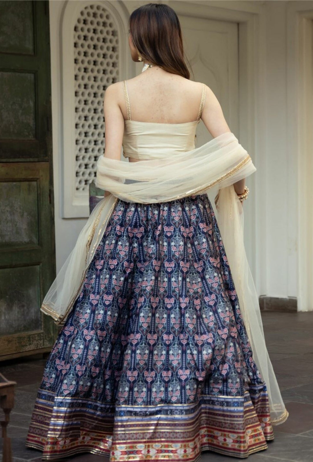 Women Beige And Navy Blue Art Silk Stylish Lehenga