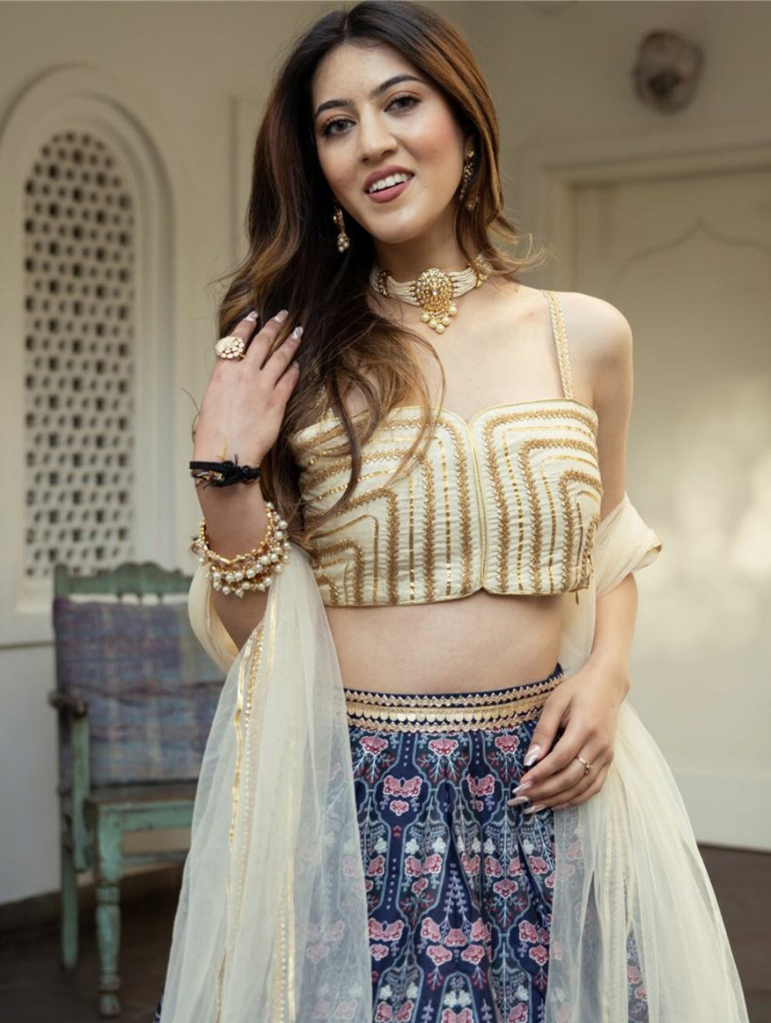 Women Beige And Navy Blue Art Silk Stylish Lehenga