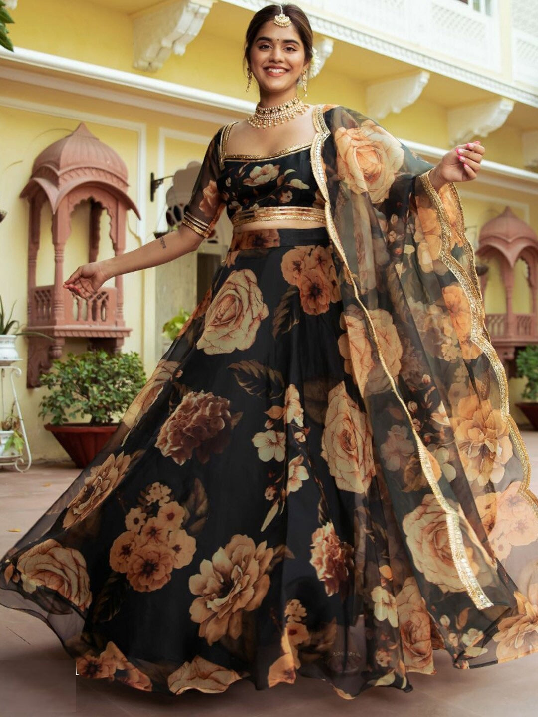 Women Black Organza Stylish Lehenga