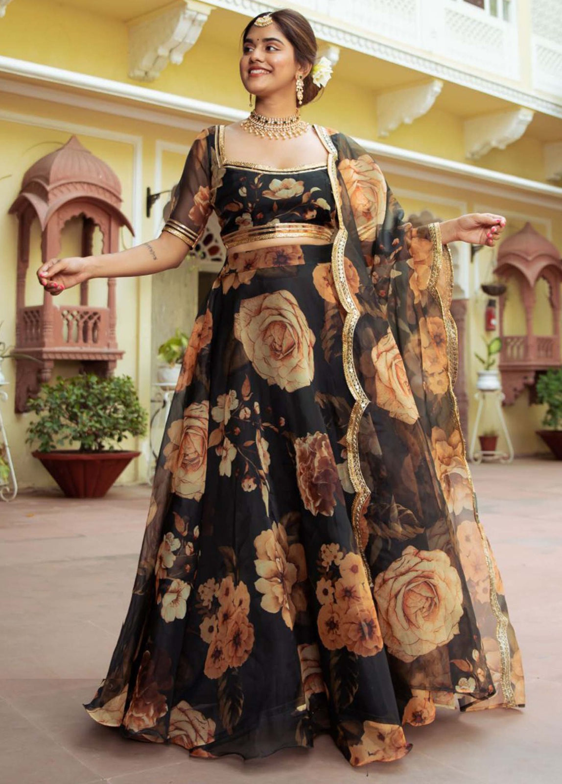 Women Black Organza Stylish Lehenga