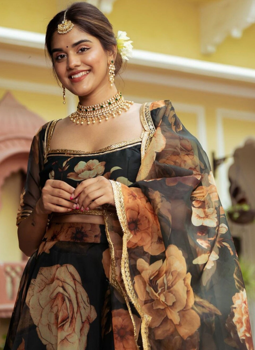 Women Black Organza Stylish Lehenga
