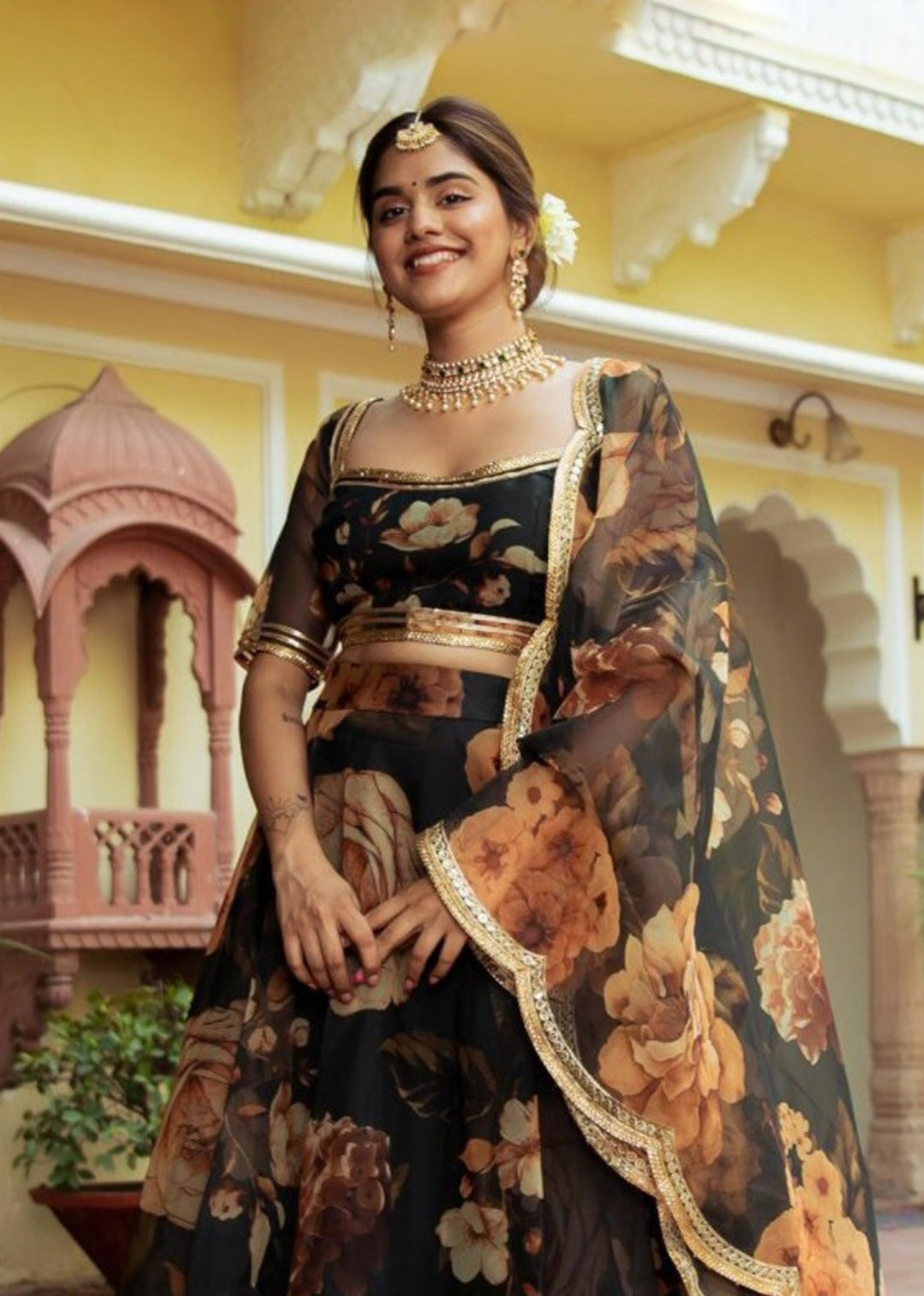 Women Black Organza Stylish Lehenga