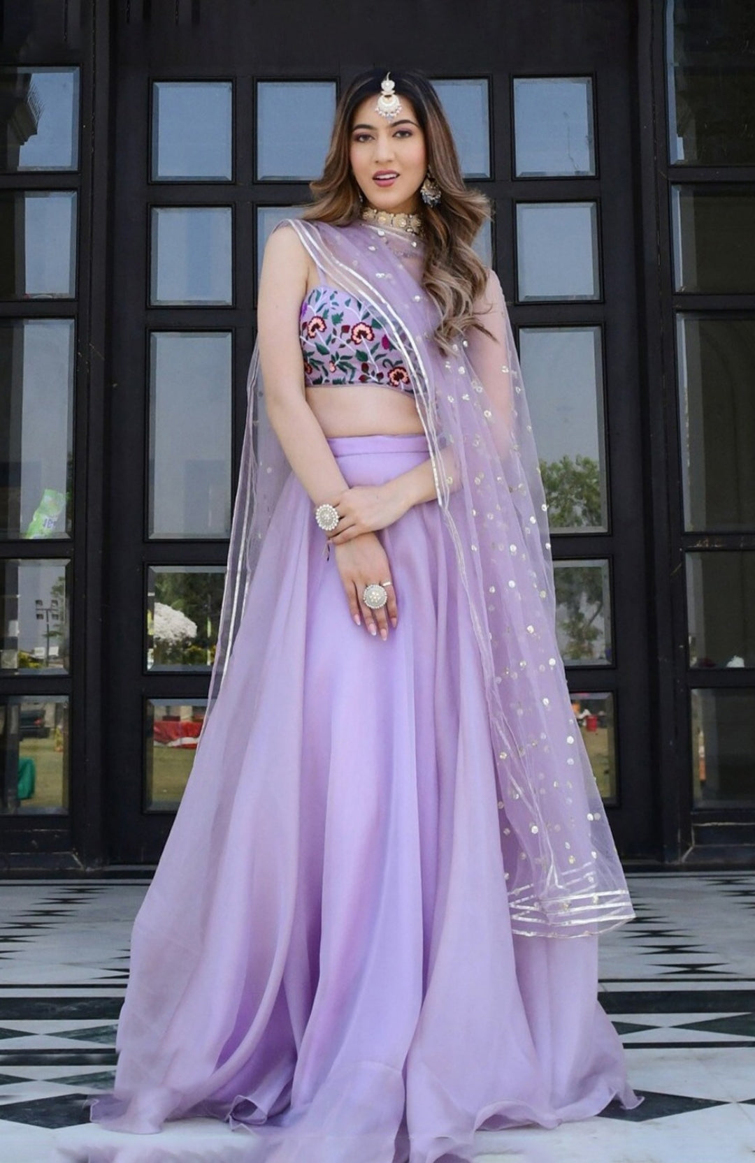 Women Lilac Organza Net Stylish Lehenga