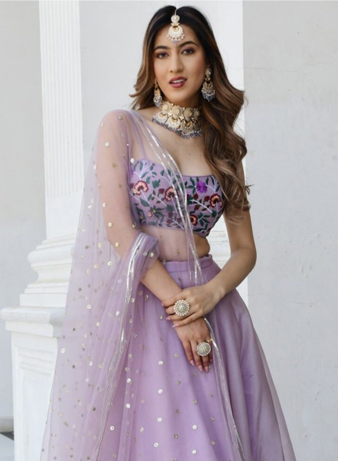 Women Lilac Organza Net Stylish Lehenga