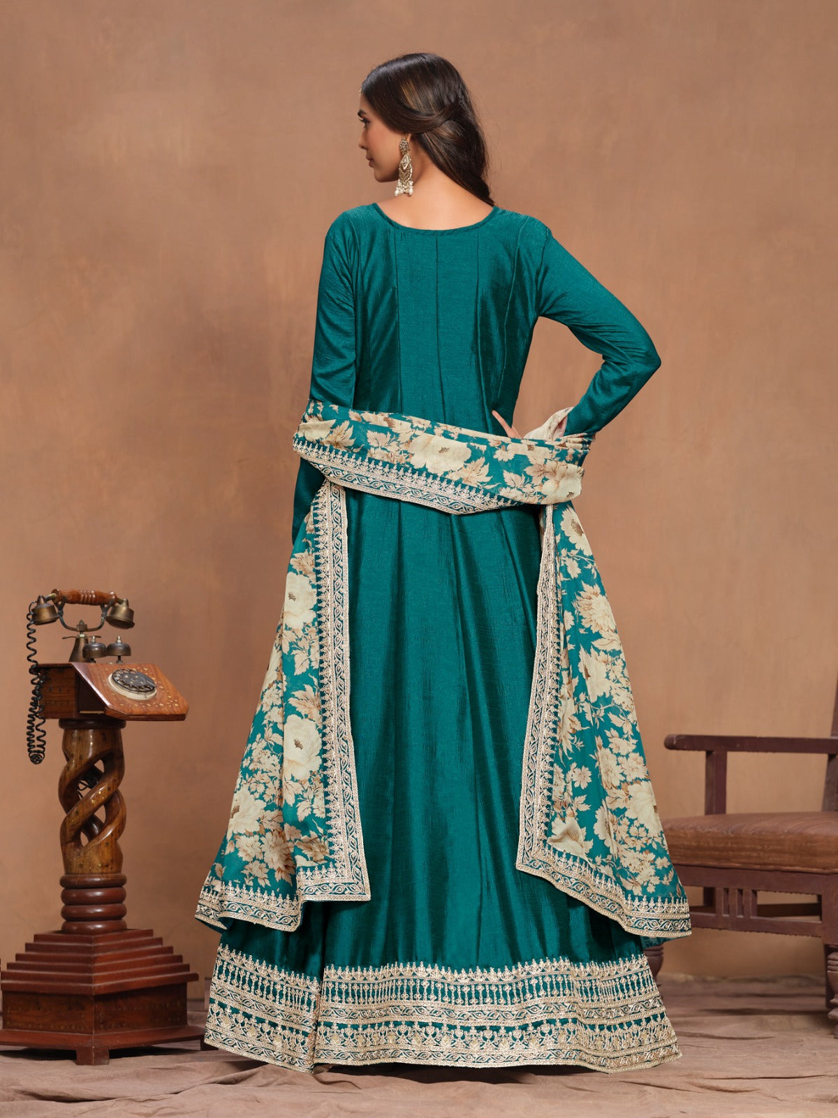 Gorgeous Teal Art Silk Floor Length Suit Set